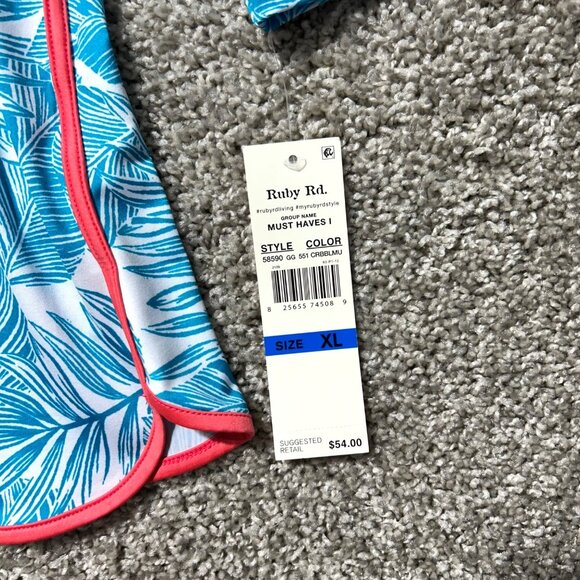 Ruby Rd. Tropical Leaf Print Tunic Womens XL White Blue 3/4 Sleeve - Picture 3 of 8